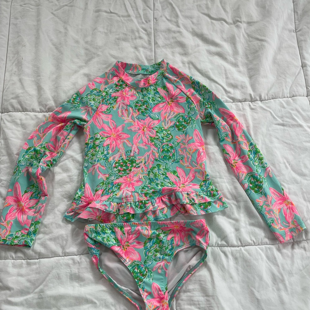 Lilly Pulitzer Girls Pink and Green Rashguard Swimwear
